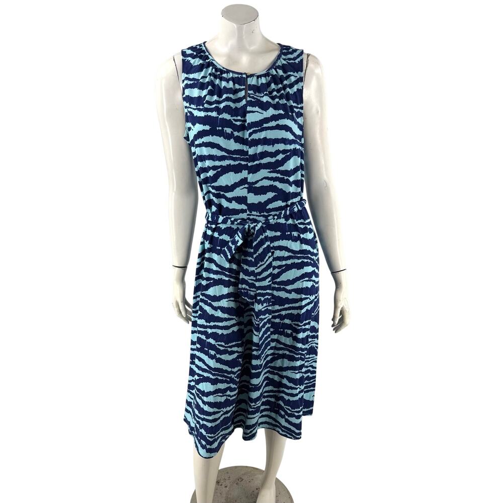 Lands End Womens Midi Dress Size XL (18) Blue Printed Tie Waist Stretch Knit